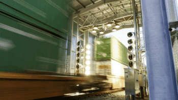 At NS, each Digital Train Inspection Portal features a setup of 24-megapixel trackside cameras and stadium lighting to capture “ultra-high-resolution” 360-degree images of passing railcars. (Norfolk Southern Photograph)